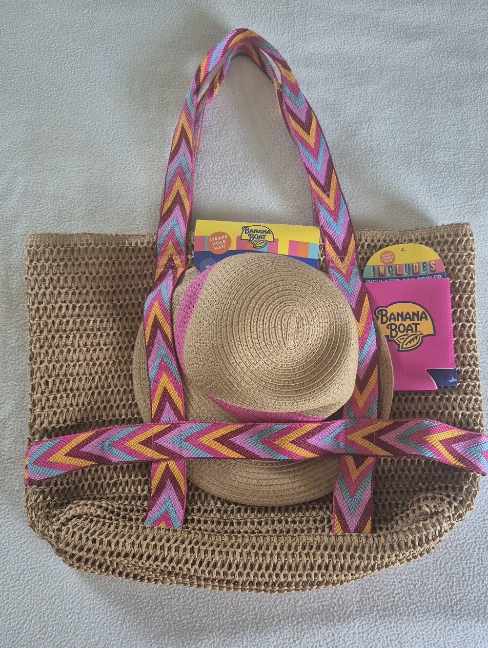 Banana Boat Women's Straw Tote and Sun Hat Set - Pink Multi Strap